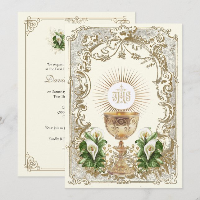 Convites First Holy Communion Chalice Eucharist Calla Lily (Frente/Verso)