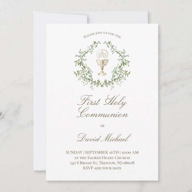 Convites First Holy Communion chalice greenery crest (Frente)
