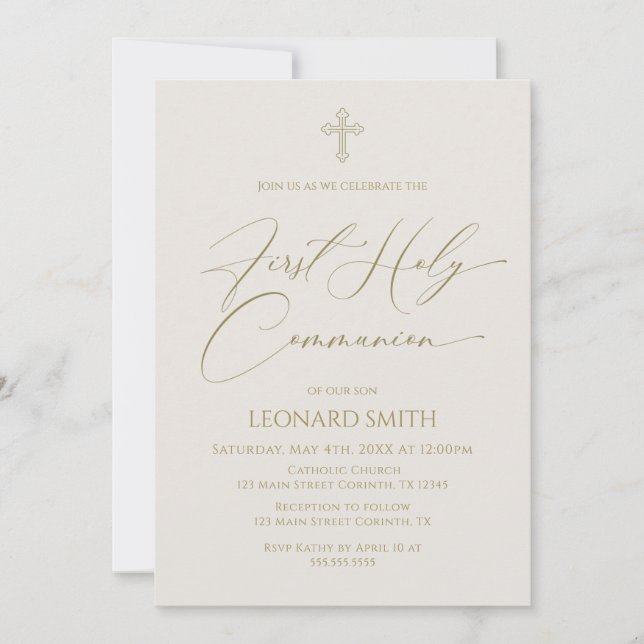 Convites First Holy Communion gold marfil invitation (Frente)
