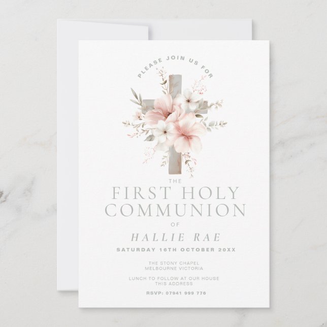 Convites First Holy Communion Invitation, Floral Cross (Frente)