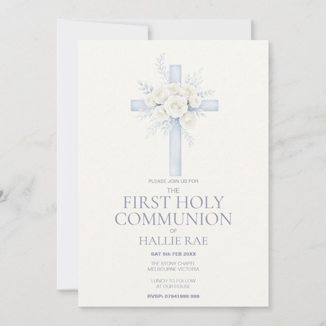 Convites First Holy Communion Invite, Blue Floral Cross (Frente)
