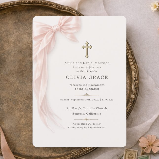 Convites First Holy Communion Pink Bow Girl  (Criador carregado)