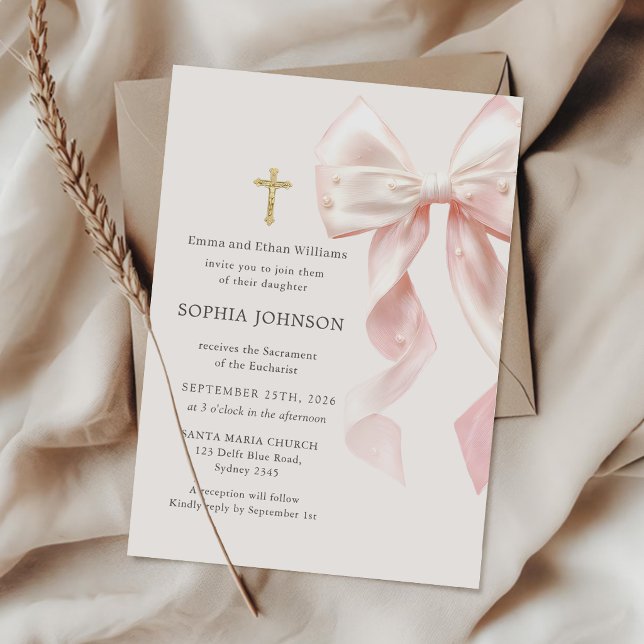 Convites First Holy Communion Pink Bow Girl Invitation (Criador carregado)