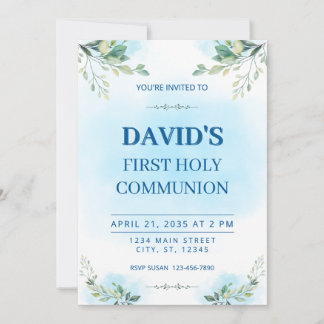 Convites First Holy Communion Watercolor Greenery Blue 