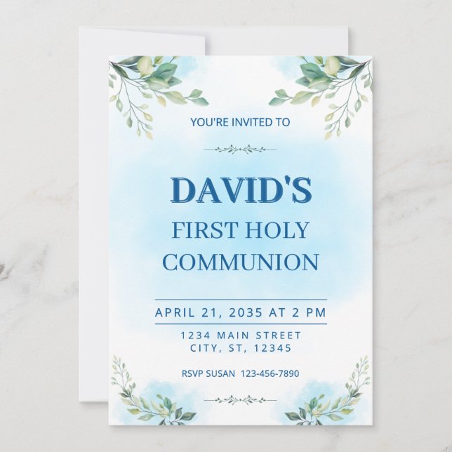 Convites First Holy Communion Watercolor Greenery Blue  (Frente)