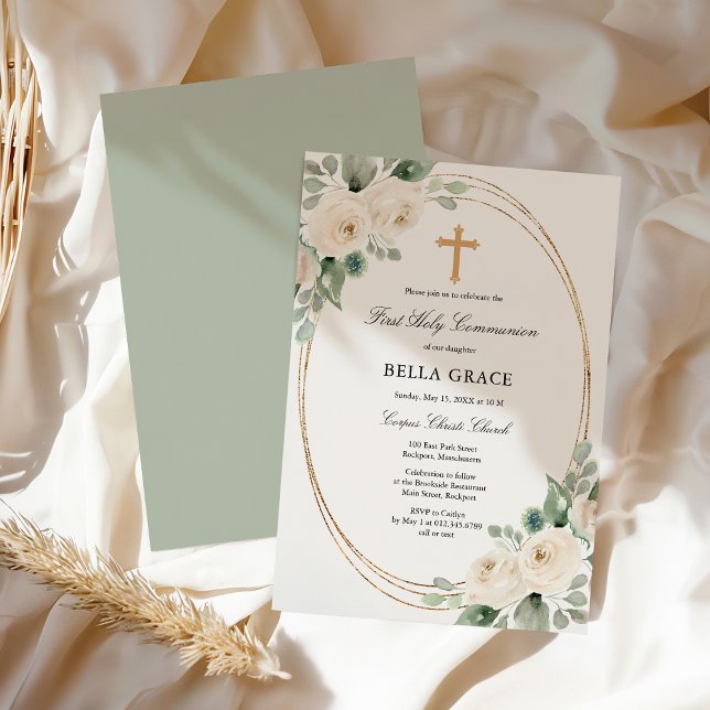 Convites First Holy Communion White Rose Floral (Criador carregado)