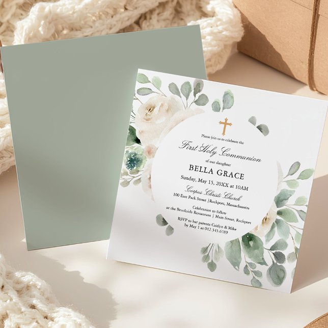 Convites First Holy Communion White Rose Floral Square (Criador carregado)