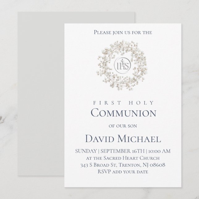 Convites First Holy Communion white wreath (Frente/Verso)