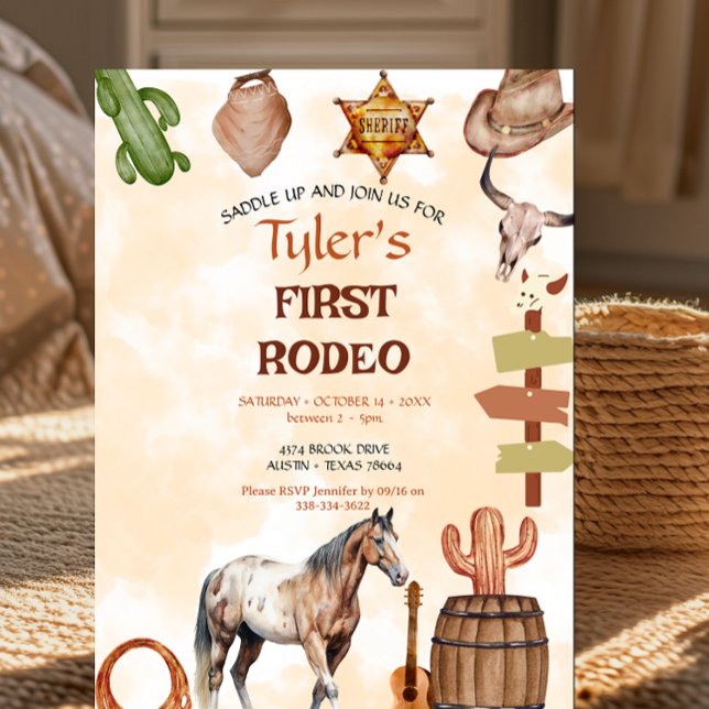Convites First Rodeo Cowboy Wild West Western Boy Birthday (Criador carregado)