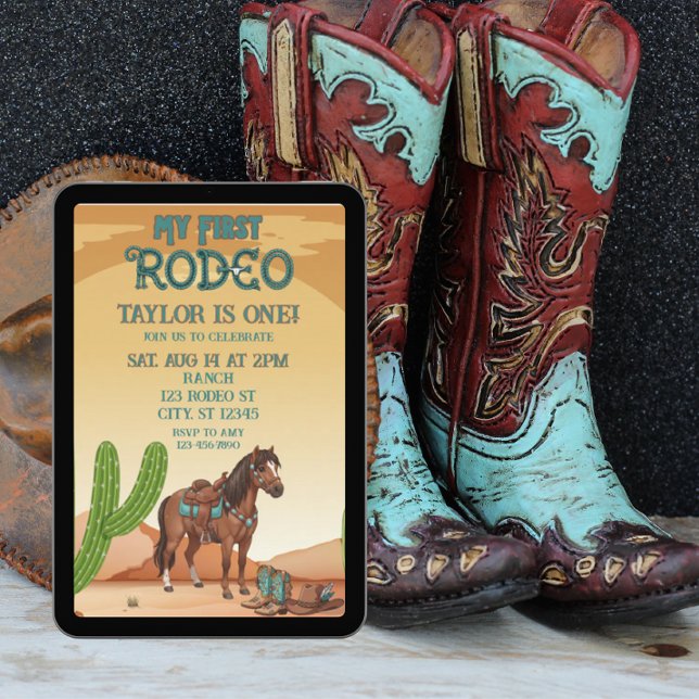 Convites First Rodeo, Turquoise, Horse, 1st Birthday (Criador carregado)