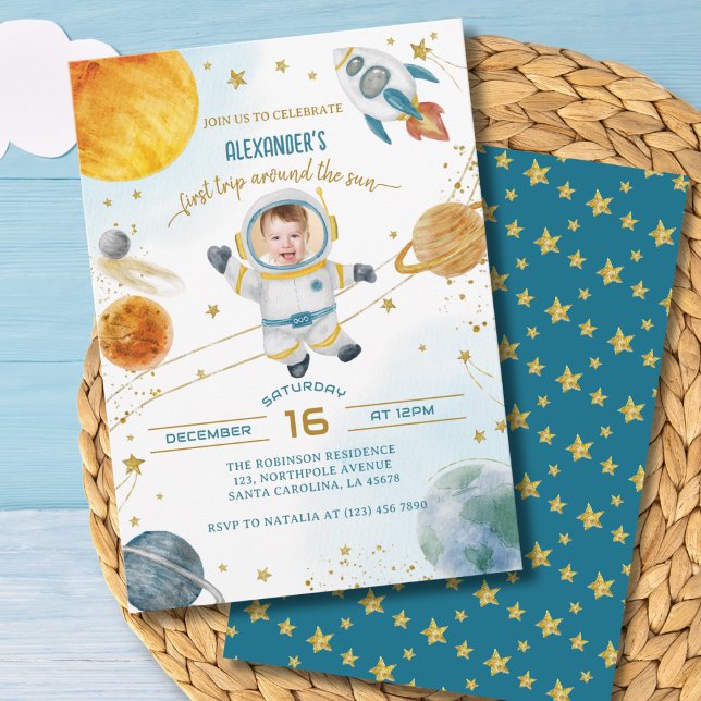 Convites First Trip Around the Sun Photo Space Birthday (Criador carregado)