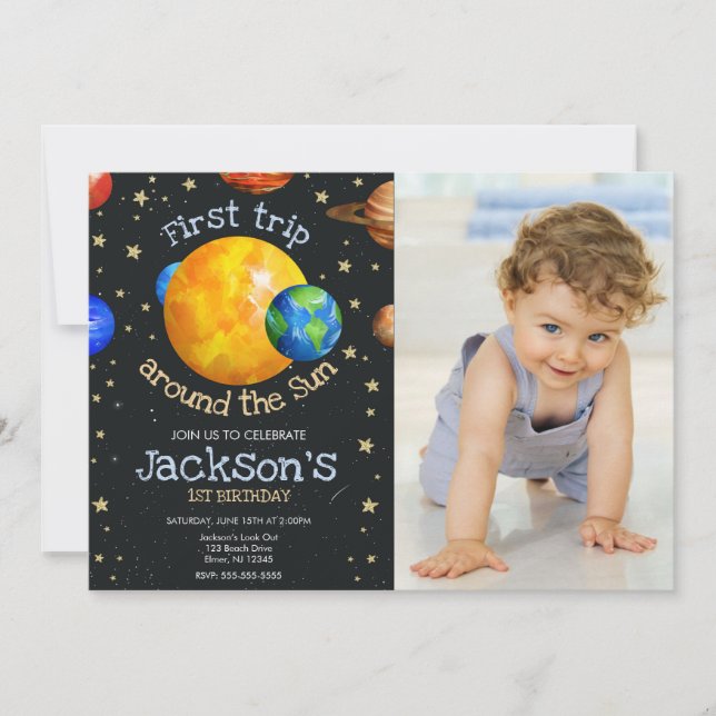 Convites First Trip Outer Space 1st Birthday Boy Photo (Frente)