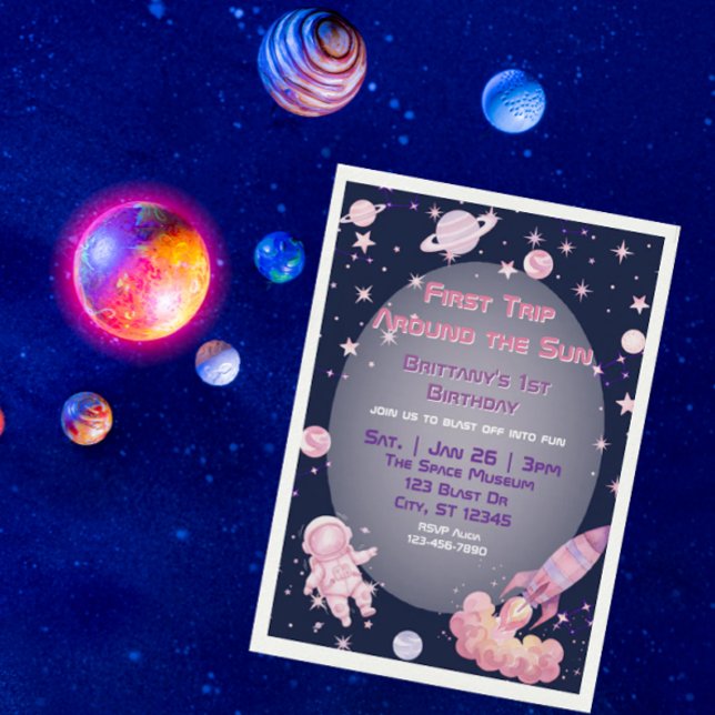 Convites First Trip, Pink Purple Space 1st Birthday  (Criador carregado)