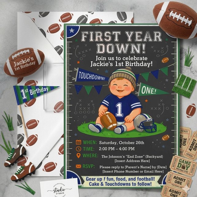 Convites First Year Down Football 1st Birthday Invitation (Criador carregado)