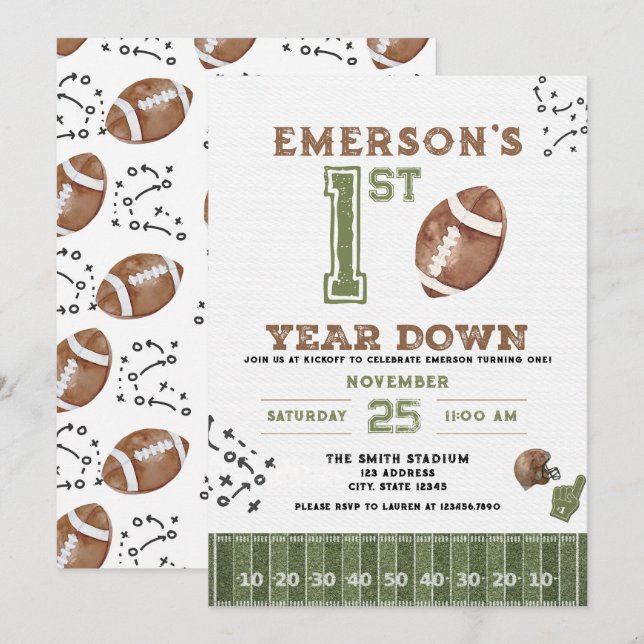 Convites First Year Down Football Birthday Invitation, 2nd (Frente/Verso)