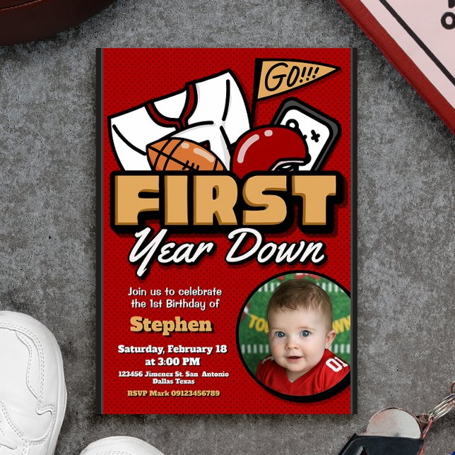 Convites First Year Down - Football with Photo (First Year Down - Football with Photo Picture Invitation)