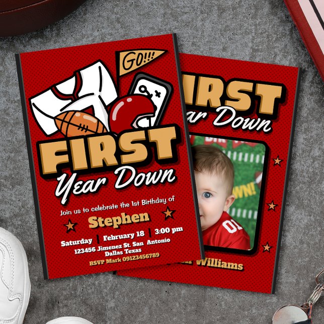 Convites First Year Down - Football with Photo Invitation (First Year Down - Football with Photo Invitation)
