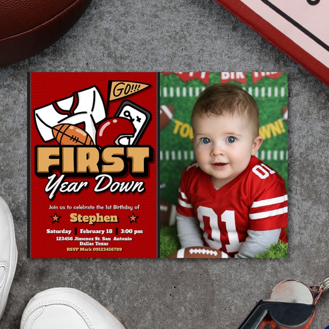 Convites First Year Down - Football with Photo Landscape (First Year Down - Football with Photo Landscape Invitation)
