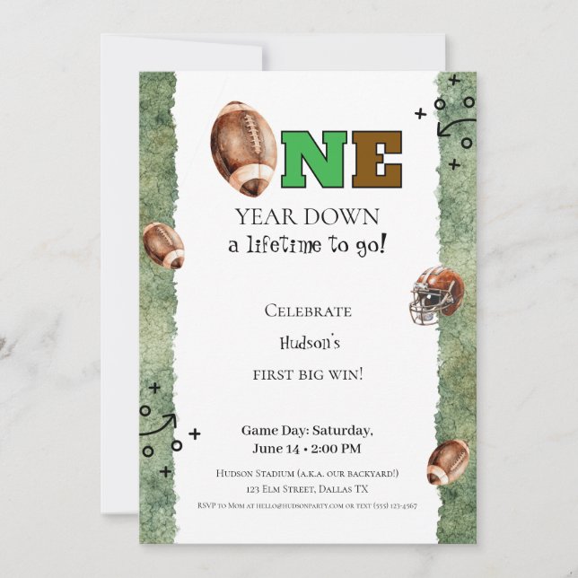 Convites First Year Down Invitation • Football 1st Birthday (Frente)