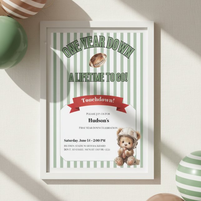 Convites First Year Down Invitation • Football Birthday (Football first birthday invitation with teddy bear and green stripes in white frame)