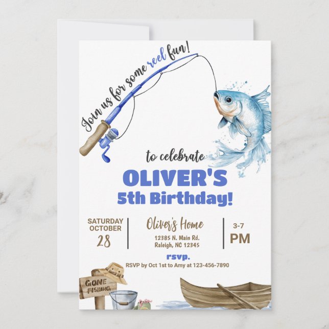 Convites Fisherman / fishing boy reel fun birthday invite. (Frente)