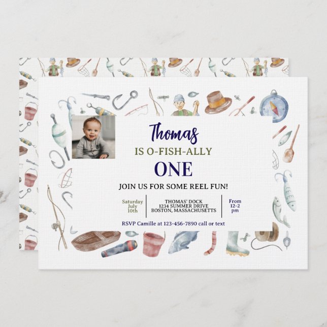 Convites Fishing 1st Birthday Invitation | O-Fish-Ally One  (Frente/Verso)