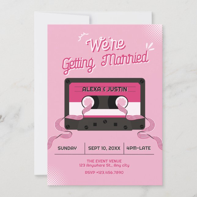 Convites Fita cassete de música rosa casamento  (Frente)