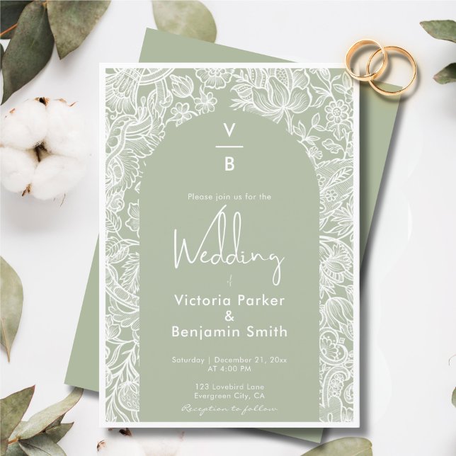 Convites Fita Chic Floral Boho Arch Monograma Sage Casament (Chic Floral Line Boho Arch Monogram Sage Wedding Invitation)