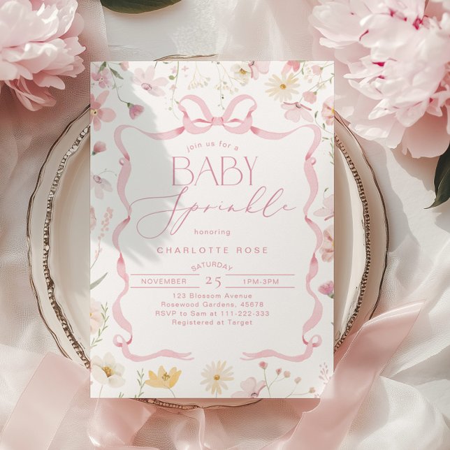 Convites Fita cor-de-rosa com fita Arco Wildflower Baby Spr (Criador carregado)