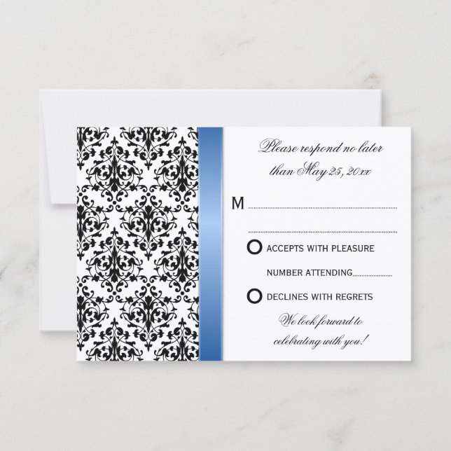 Convites Fita Damask Casamento Azul Real Impressa RSVP (Verso)