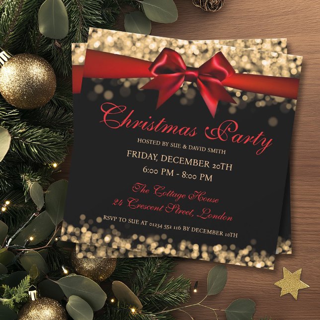 Convites Fita das Luzes Douradas do Shimmer Natal Elegante (Elegant Christmas Gold Shimmer Lights Ribbon Invitation)