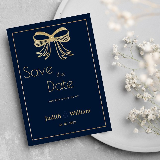 Convites Fita de arco azul-marinho com brilho dourado salve (Navy blue gold glitter bow ribbon Save the Date)