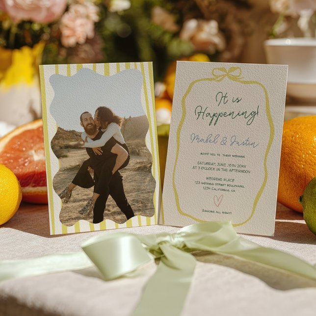 Convites Fita de Arco de Fotografia de Casamento Amarelo Ve (Citrus Yellow Green Ribbon Bow Photo Wedding Invitation)