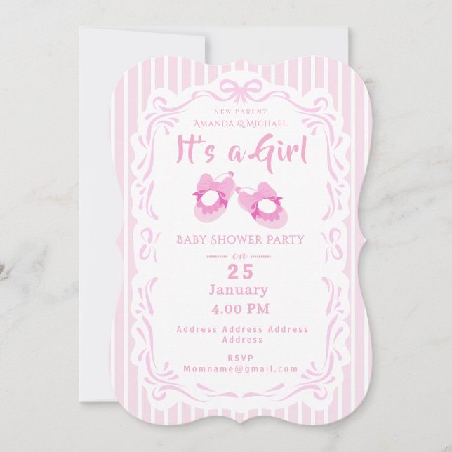 Convites Fita de arco é rosa Calçado de bebê de menina (Frente)