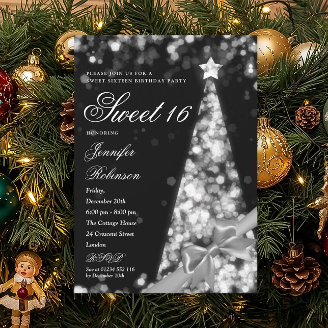 Convites Fita de árvore de Natal prateada moderna Aniversár (Modern Silver Xmas Tree Ribbon Sweet 16 Birthday Invitation)