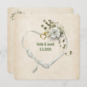 Convites Fita de coração de casamentos e anéis com bouquet