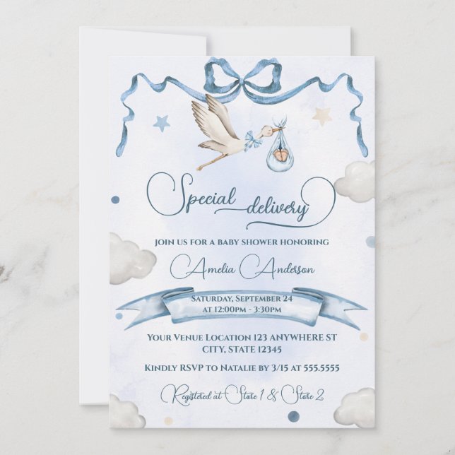 Convites Fita de Laço de Entrega Especial da Cegonha Festa  (Frente)