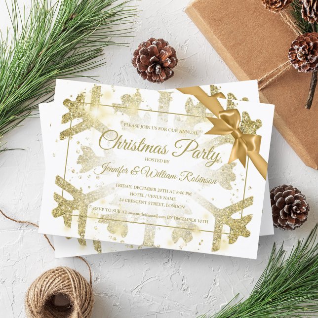 Convites Fita de Natal Dourada e Luxuosa do Natal (Luxurious Gold Glitter Xmas Holiday Ribbon Invitation)