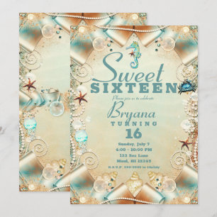 Convites Fita de Pérolas do Mar de Creme Encantada Sweet 16