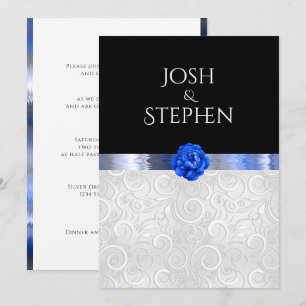 Convites Fita de Seda Azul com Padrão de Prata Branco