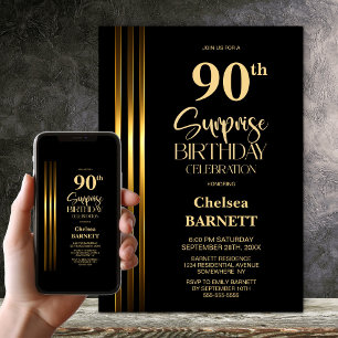 Convites Fita Dourada Preta 90º Surpresa Festa de Aniversár