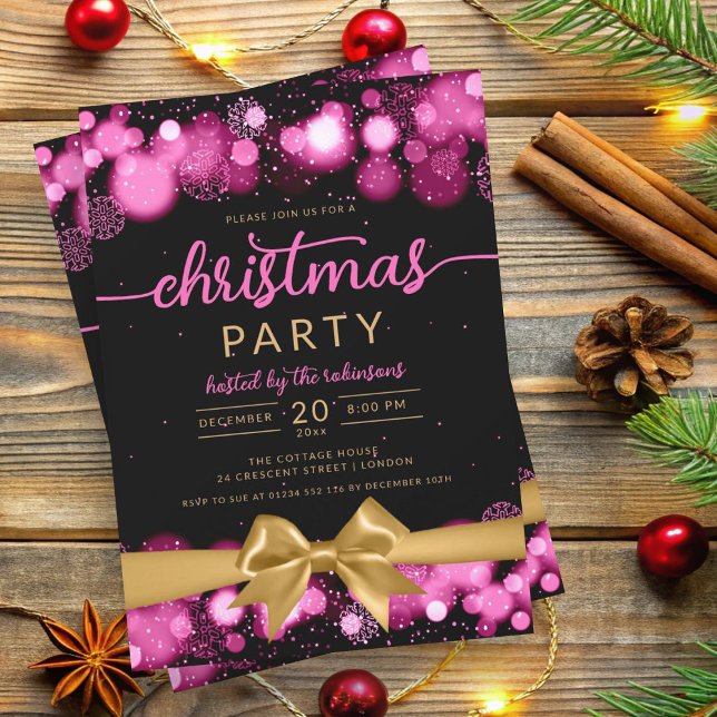 Convites Fita Dourada Rosa da Família Wonderland Wonderland (Pink Gold Winter Wonderland Family Xmas Ribbon Invitation)