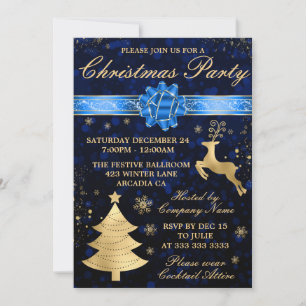 Convites Fita Elegante Azul e Dourada para Festa de Natal