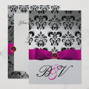 CONVITES FITA FUCHSIA ROSA PRETA PRATA MONOGRAMA DAMASCO