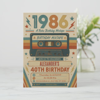 Convites Fita Mista de Aniversário de 40 Anos Vintage Pintu