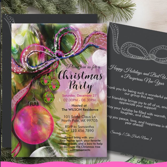 Convites Fita Ousada Rosa Vibrante Tendência Festa de Natal (Trendy Vivid Pink Bold Ribbon Christmas Party Invitation)