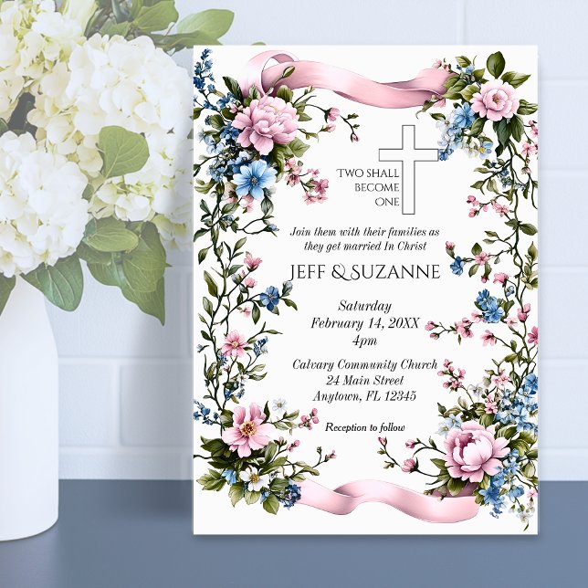 Convites Fita Rosa Cruz Floral Dois Torna-Se Um (Pink Ribbon Floral Cross Two Become One Invitations)