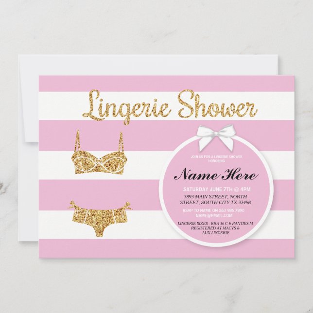 Convites Fita rosa e Chá de Lingerie Dourada Convidar (Frente)