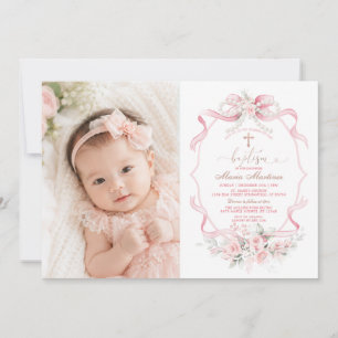 Convites Fita Rosa Pérola Floral Batismo Foto