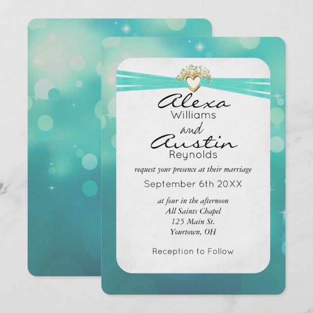 Convites Fita Turquesa em Casamento Dourado (Frente/Verso)